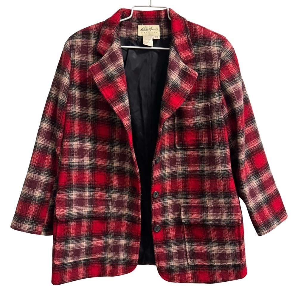 Vintage Eddie Bauer Wool Blend Tartan Red Plaid Blazer Size Large Petit - Picture 2 of 9